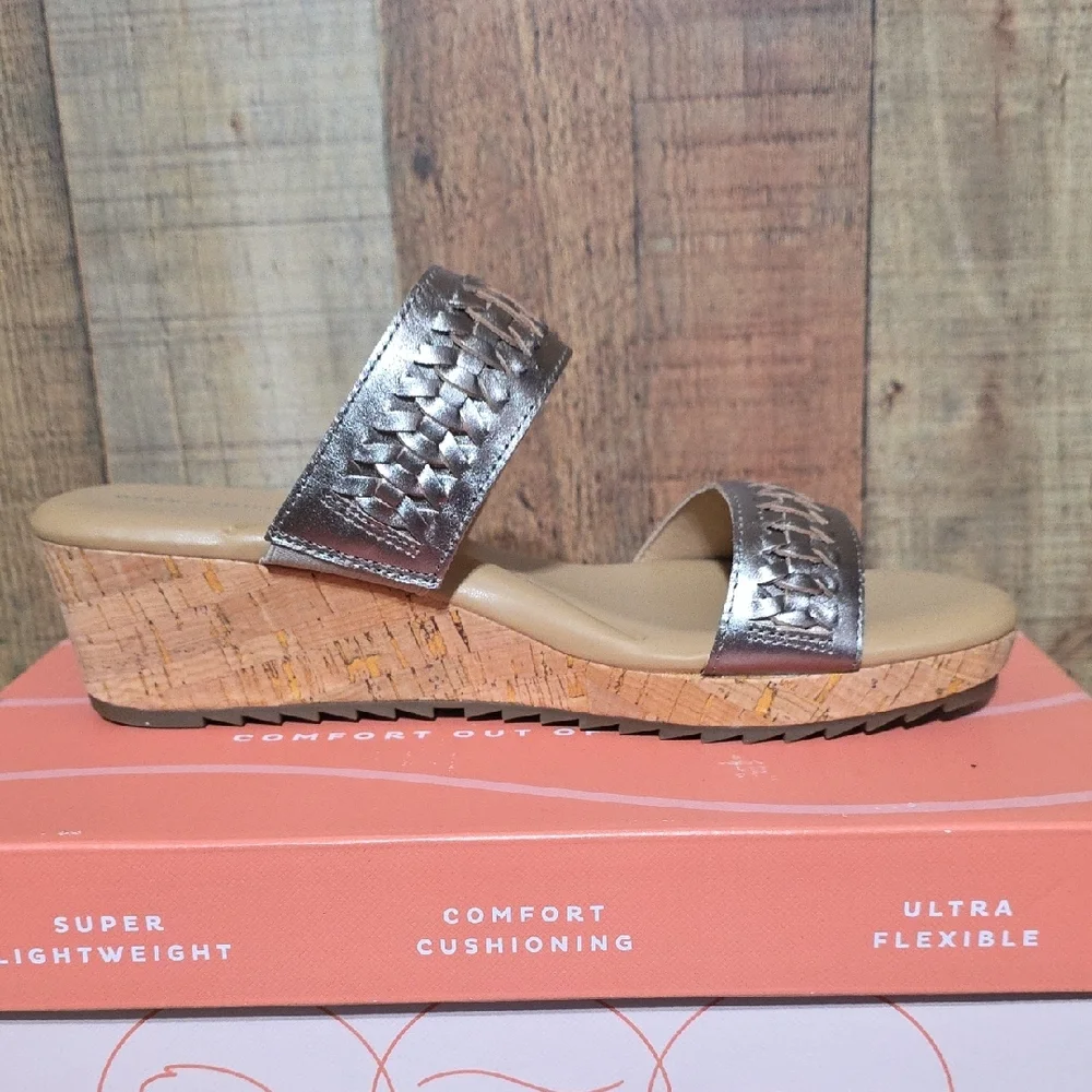 Easy Spirit Silver Metallic Two-Band Cork Wedge Slide